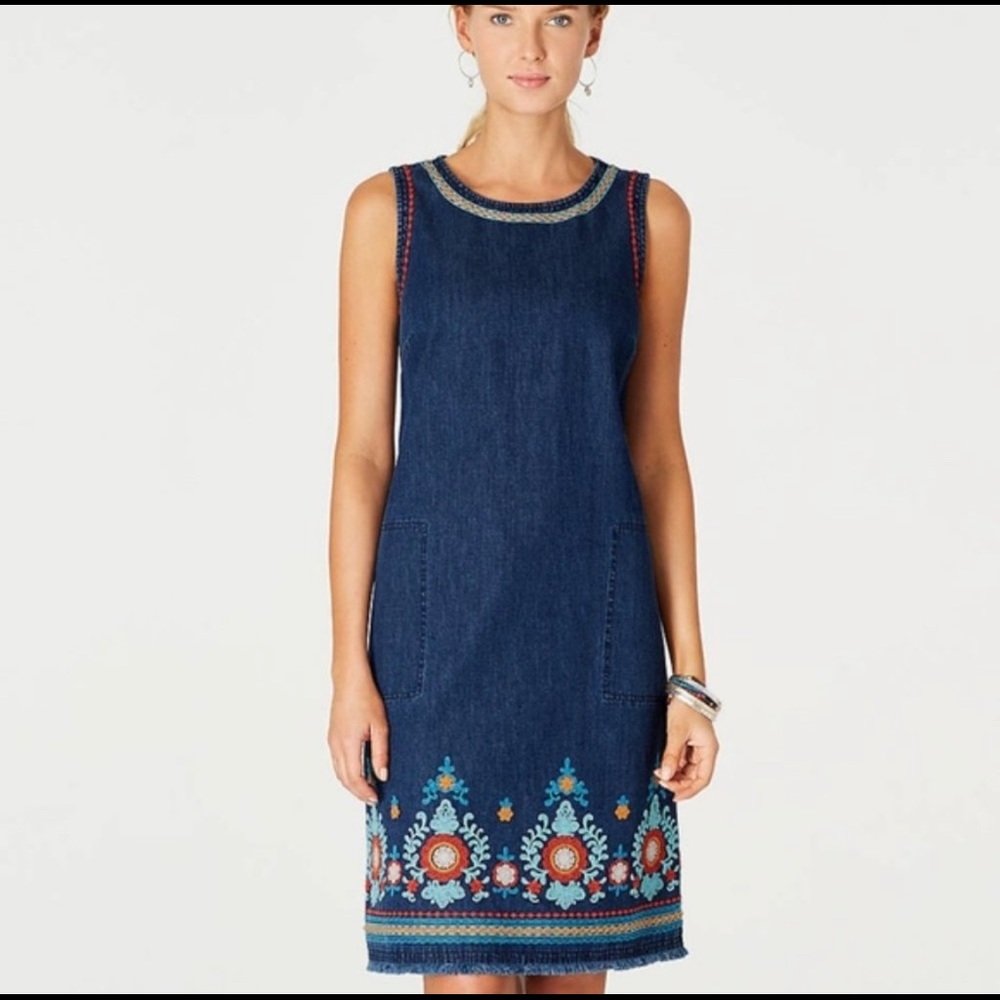 J.Jill Denim Sleeveless Sz M Embroidered Dress